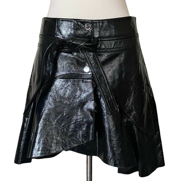 MAJE Faux Cuir Vinyl Skirt Jupe Leather Black Asymmetrical Mini Belt 40 Med NWT - Picture 9 of 11